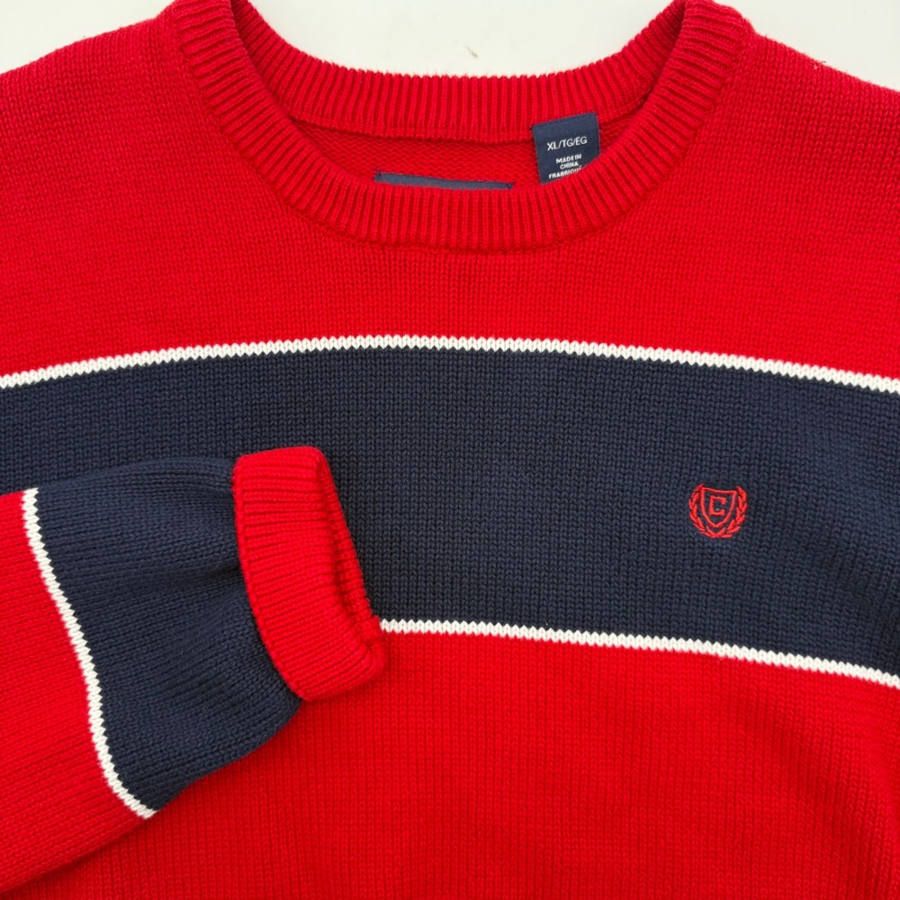 Chaps Sweater Mens XL Red Navy Blue‎ Striped Cotton Crewneck Crest Logo